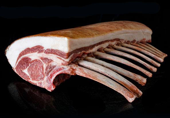 Kotelettstrang vom Eichelmastschwein: Das Fleisch hat nicht nur oben, sondern auch intramuskulär ordentlich Fett.
